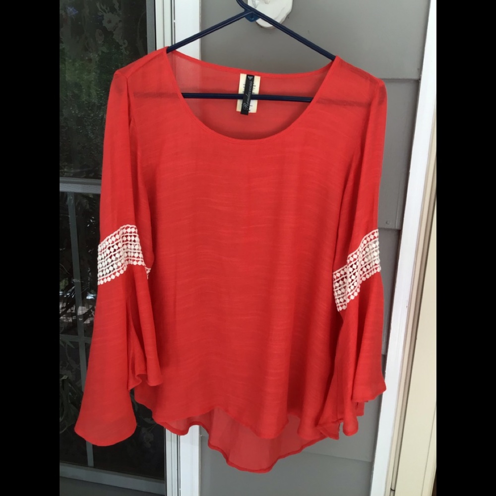 Dressy Womens Bell sleeve peachy orange top Rendezvous sz large beautiful tunic